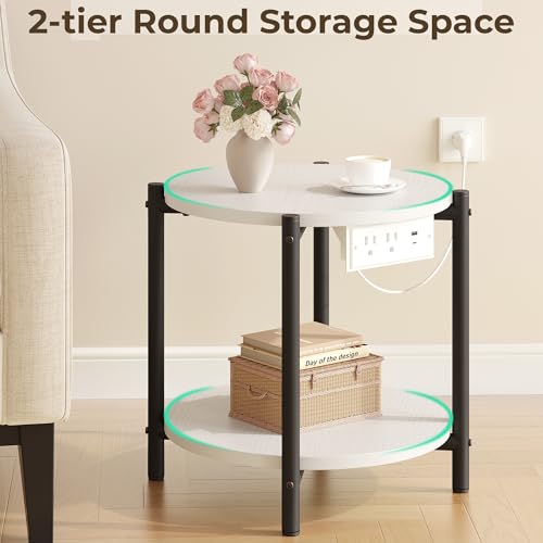 LIKIMIO Side Table with Charging Station, 2-Tier Round End Table with Lower Shelf, 15.8" W Modern Wooden Nightstand for Small Spaces, Living Room, Bedroom, White