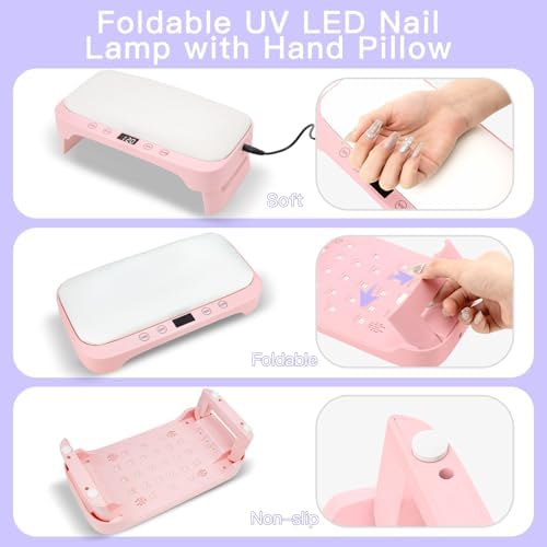 UV Nail Lamp with Arm Rest & UV Gloves, Professional LED Nail Light for Gel Nails Polish, 4 Timers Foldable Nail Dryer with Hand Rest for Nails Tech Manicure Salon Home Use Pink