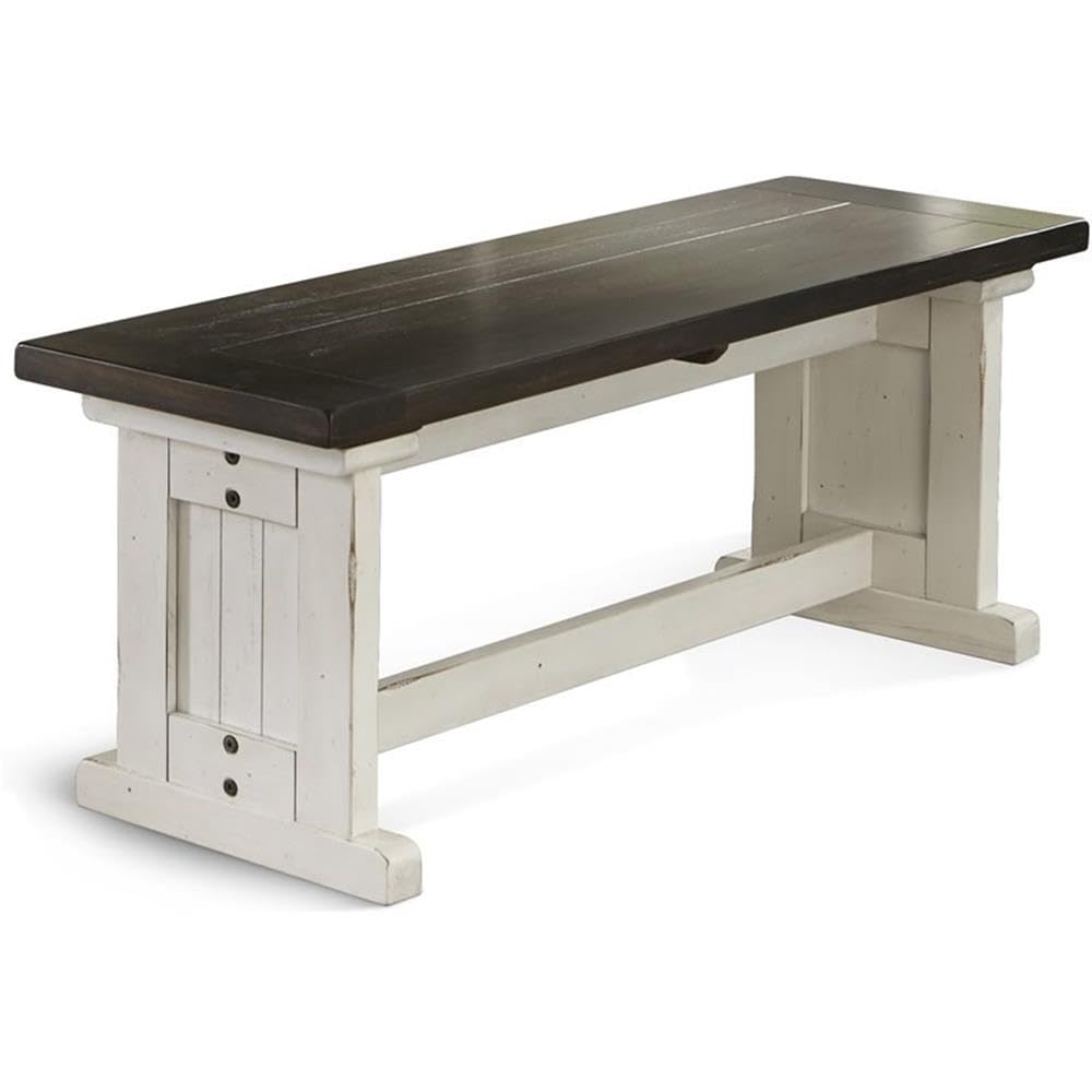 Pemberly Row Farmhouse Wood Side Bench in Off White Dark Brown