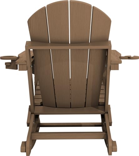 KINGYES Adirondack Rocking Chair Set of 2 with Retractable Ottoman and Cup Holders, HDPE Adirondack Rocker Patio Rocking Chair for Porch, Patio, Balcony, Brown