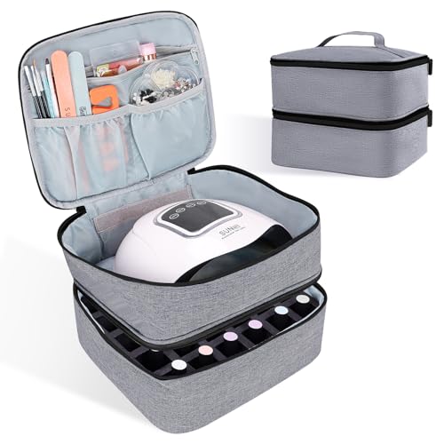 Nail Polish Organizer Holds 30 Bottles (15ml - 0.5 fl.oz) Double-layer Gel Nail Polish Kit Carrying Case, Nail Holder for Nail Lamp, Portable Nail Organizer and Storage for Nail Supplies (Gray)