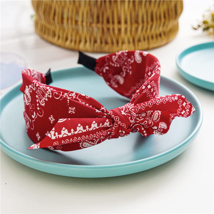 Paisley Print Wide Bow Headbands for Women Bandana Rabbit ear Elastic Hairband Cute Knot Headbands Hair Accessories (Style 1: (Red, white, Navy, black)
