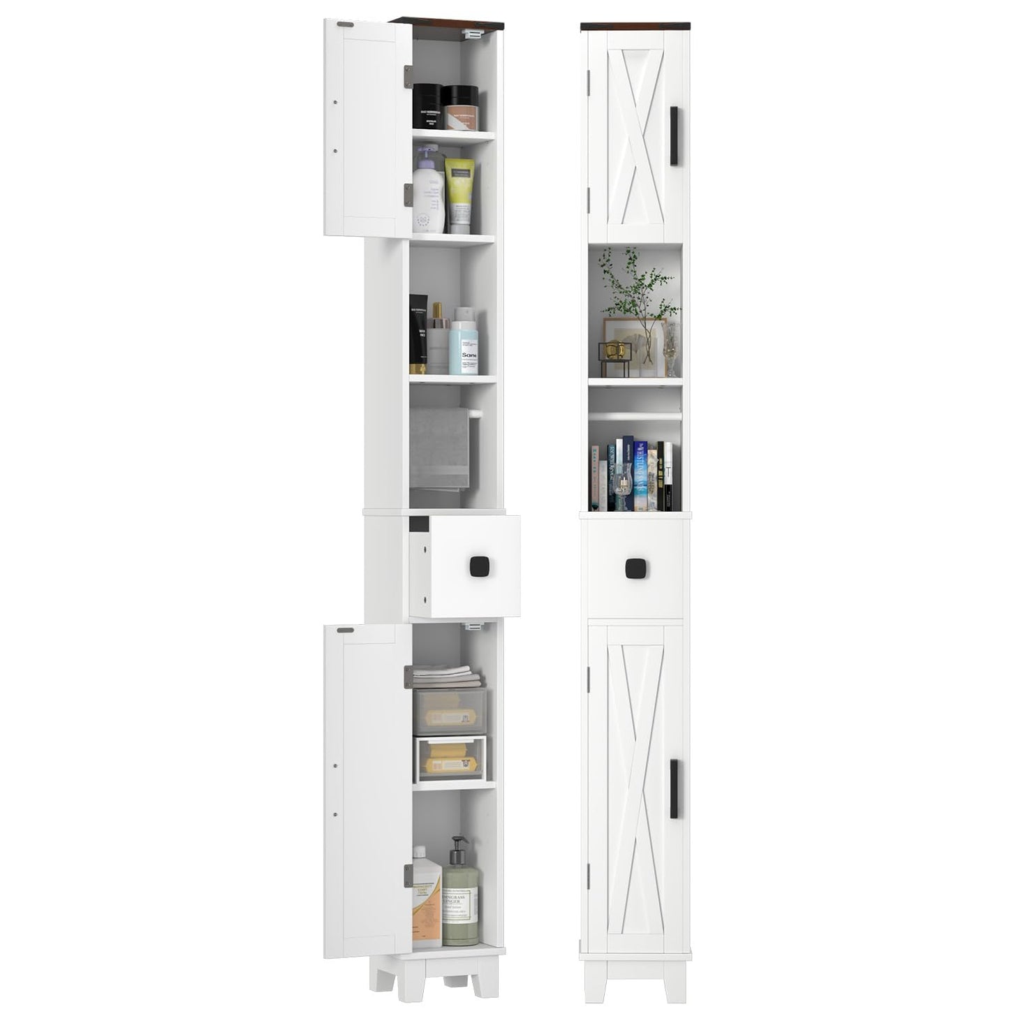 EROMMY Narrow Bathroom Storage Cabinet,71'' Tall Slim Bathroom Cabinet with Adjustable Shelves & Towel Bar, Skinny Freestanding Floor Cabinet for Small Space, Living Room, Shower Room, White
