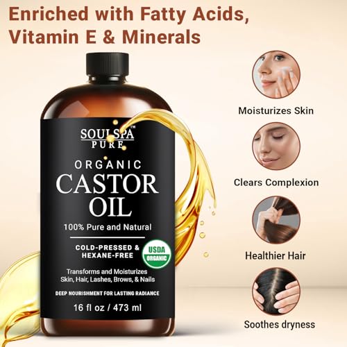 Organic Castor Oil for Hair, Scalp, Skin, Face & Eyelashes | USDA Certified | 100% Pure Castor Oil Organic Cold Pressed Unrefined Glass Bottle, Hexane Free - Soulspa Pure - 16 fl oz
