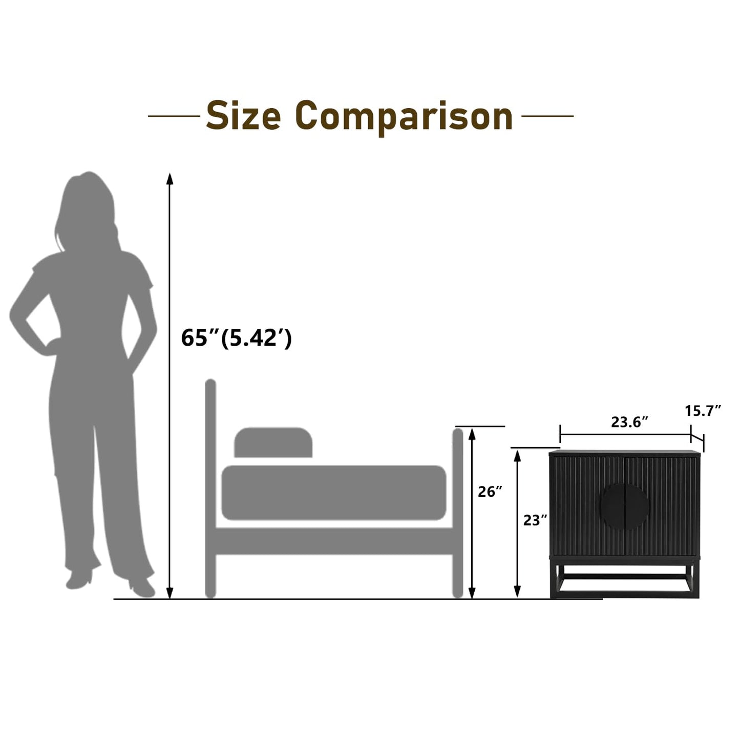 conifferism Modern Black Night Stand 24" Wide with Solid Wood Doors, Bedroom Nightstand 24" Tall Bedside Tables, Mid Century Vintage Fluted Sofa End Side Table Living Room