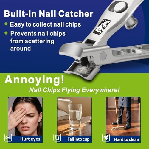 DIGNITY Nail Clippers for Men Women Seniors with Catcher and Safety Lock,Wide Jaw Opening,Thick Fingernail Toenail Clipper Set, Slanted Edge Nail Clippers,Ear Picker,Nail File,with Case,4 Pcs Set