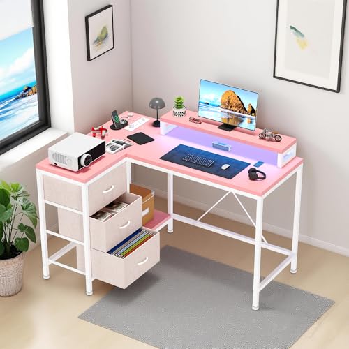 L Shaped Computer Desk with Power Outlets LED Lights Drawers Shelves Corner Gaming Desk Home Office Workstation Modern Ergonomic Design