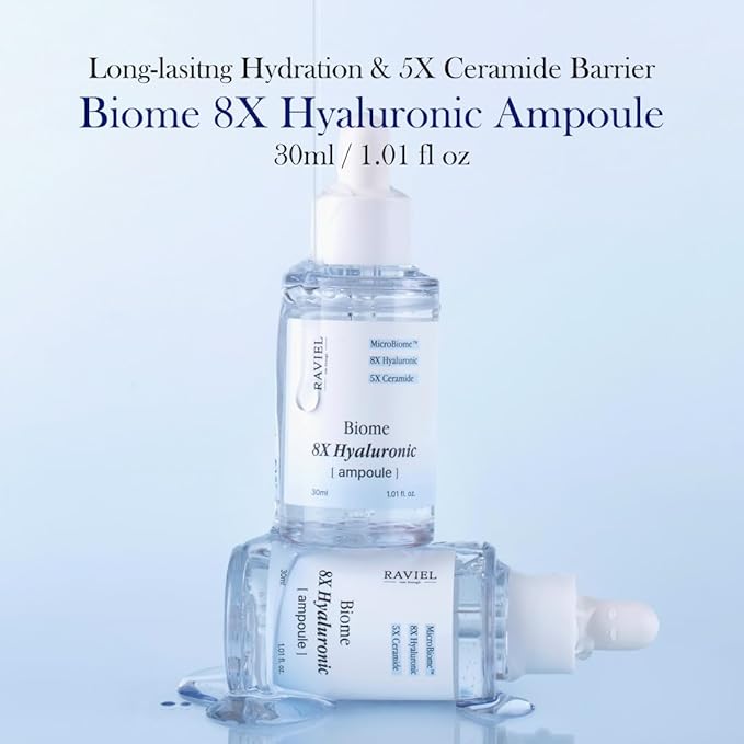 RAVIEL Biome 8X Hyaluronic Ampoule – Intensive Hydration & Pore Care Serum with 5X Ceramide for Dehydrated, Sensitive Skin, Korean Skincare, 30ml 1.01 fl oz