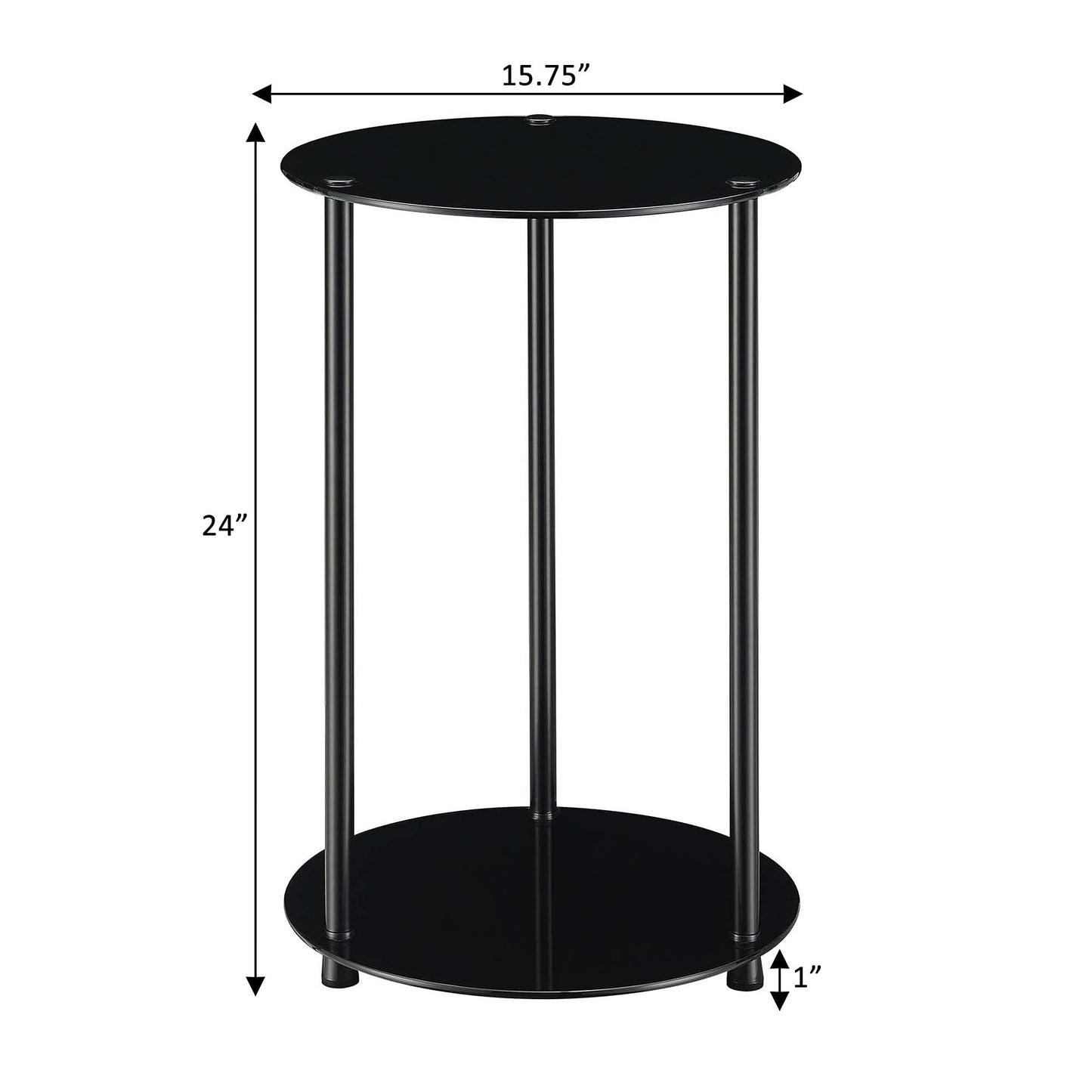 Convenience Concepts Designs2Go Classic Glass 2 Tier Round End Table 15.75" - Modern Side Table for Living Room, Tempered Glass Table with Storage Shelves for Bathroom, Bedroom, Office, Black/Black