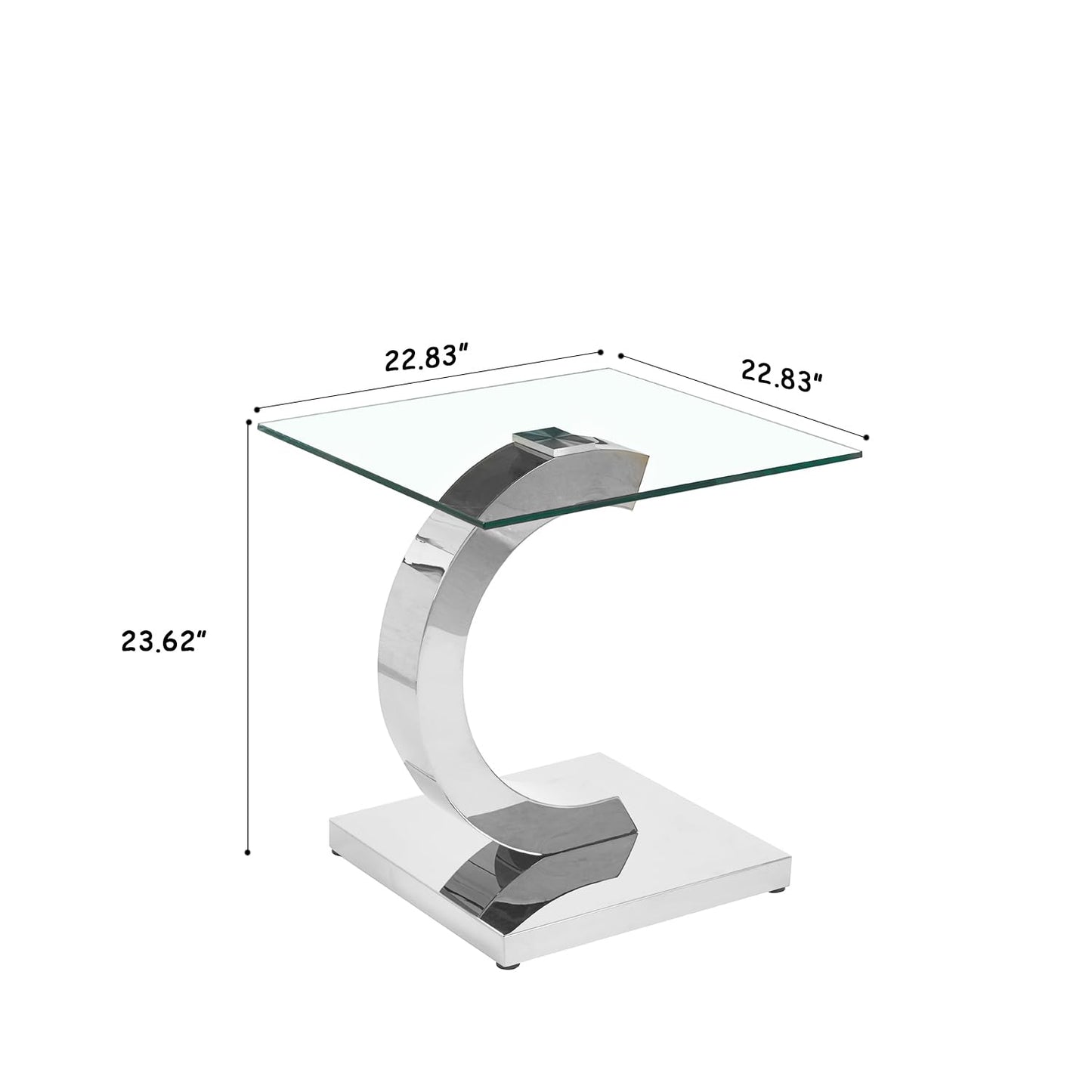 SSLine 1 Piece Living Room End Table Luxury Glass Side Table, Modern Silver End Table with C-Shape Stainless Steel Pedestal Base for Living Room Bedroom Office (1 End Table)