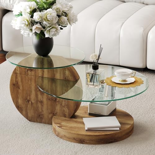 JCXINMZILY 35 Inch Glass Coffee Table，Round Coffee Table with 2-Tier Tempered Glass Tabletop，Easy to Clean Circle Coffee Table with Sturdy Base for Living Room，Office （Brown Colored Base）