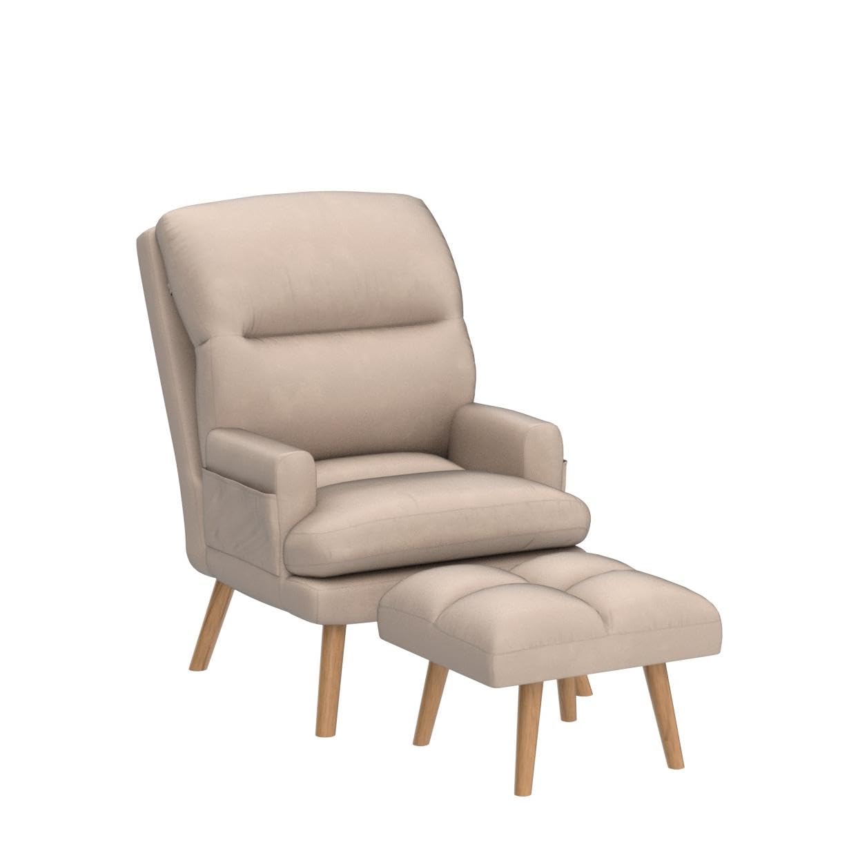 INZOY Accent Chairs with Ottoman, Velvet Fabric Armchair with Ottoman for Bedroom Living Room, Mid Century Modern Chair with Adjustable Backrest and Side Pockets, Beige