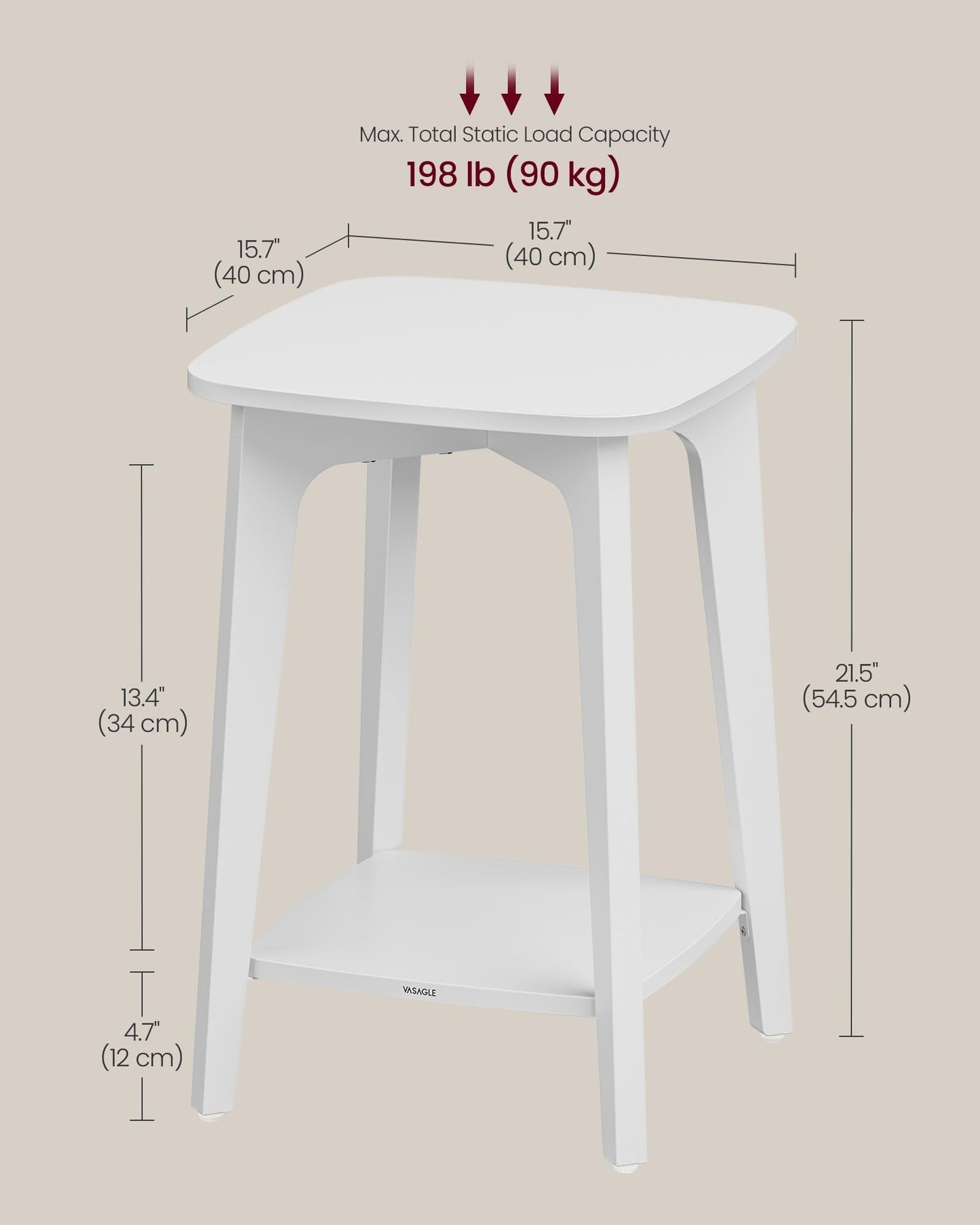 VASAGLE Side Table, Small Square End Table with Lower Shelf, Nightstand for Small Spaces, Living Room, Bedroom, Cloud White ULET236W01