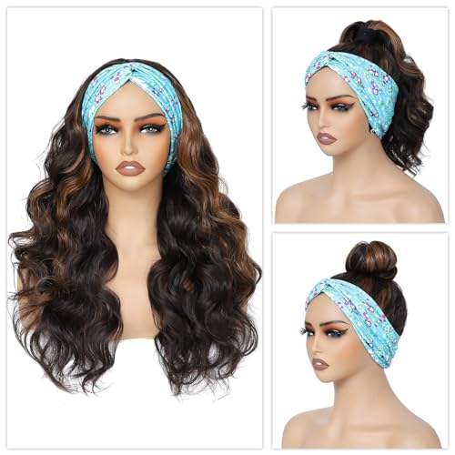 xccoco Long Wavy Headband Wig for Women Black Wigs with Brown Blonde Highlight 200% Denisty Headband Wigs Put On and Go Glueless Wig Long Synthetic Wig for Women Party Daliy Use