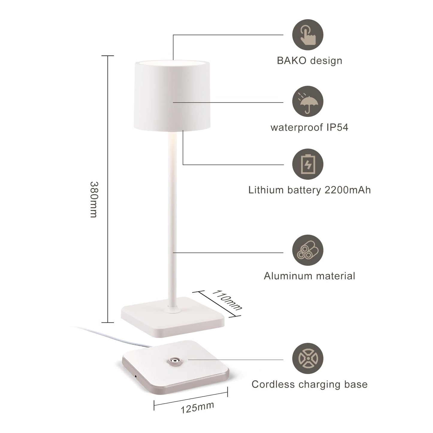 BKZO Cordless Table Lamp Rechargeable, Wireless Charging LED Table Lamp, IP54 Waterproof Aluminum Bedside Light, Touch Control, Suitable for Indoor and Outdoor Use, White