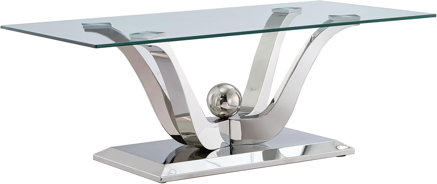 Modern Silver Glass Coffee Table, 47" Rectangle Coffee Table with Tempered Glass Top&Stainless Steel Flower-Shape Base, Luxury Glass Living Room Center Table Accent Cocktail Table for Home Office
