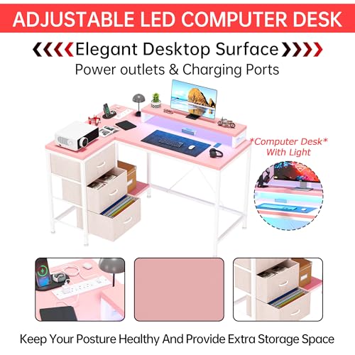 L Shaped Computer Desk with Power Outlets LED Lights Drawers Shelves Corner Gaming Desk Home Office Workstation Modern Ergonomic Design