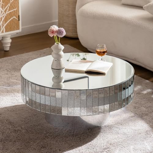 Round Coffee Table with Dazzling Crushed Crystal Border, 31" Round Silver Mirrored Coffee Table for Living Room, Glam Modern Glass Living Room Center Tea Cocktail Table, Bedroom Pedestal Nightstand