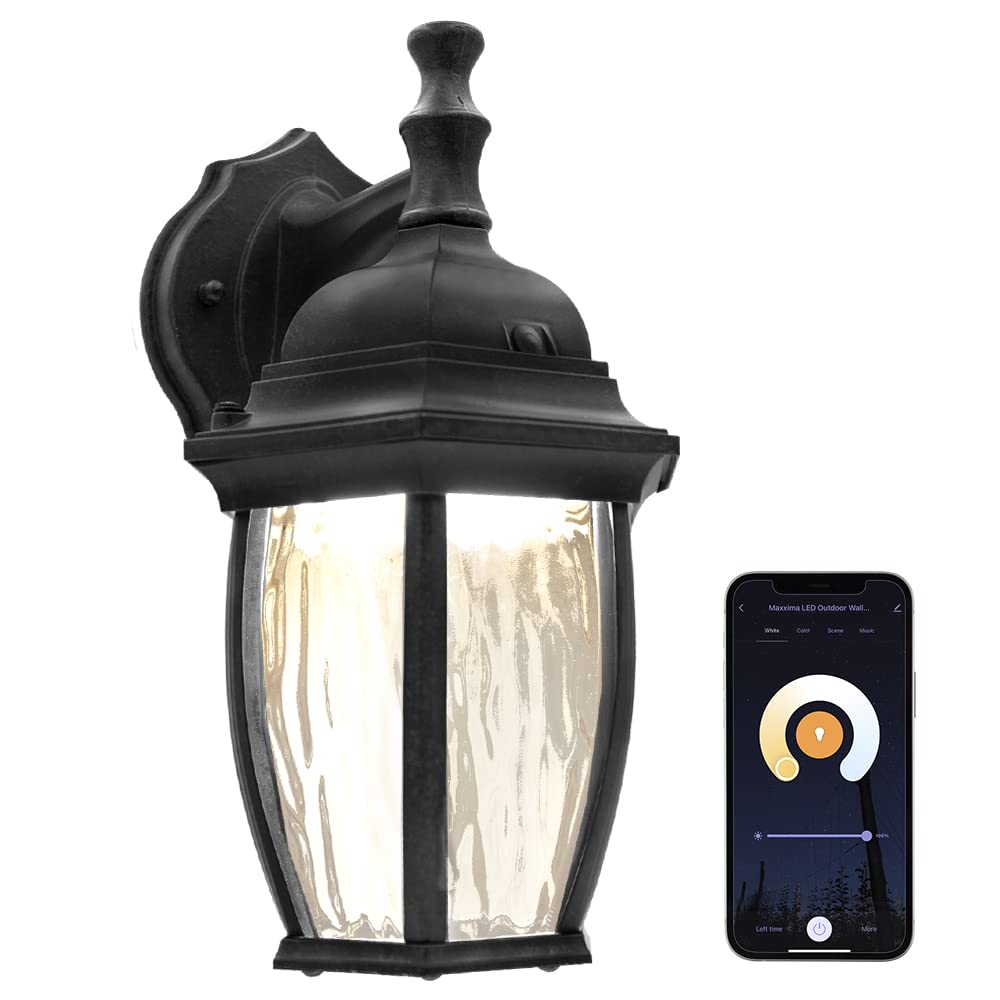 Maxxima Luvoni Smart WiFi LED Outdoor Wall Light, Black w/Clear Water Glass, App Controlled Porch Lantern, 850 Lumens, CCT 2700K - 6500K, Dimmable, Works with Google Home/Alexa