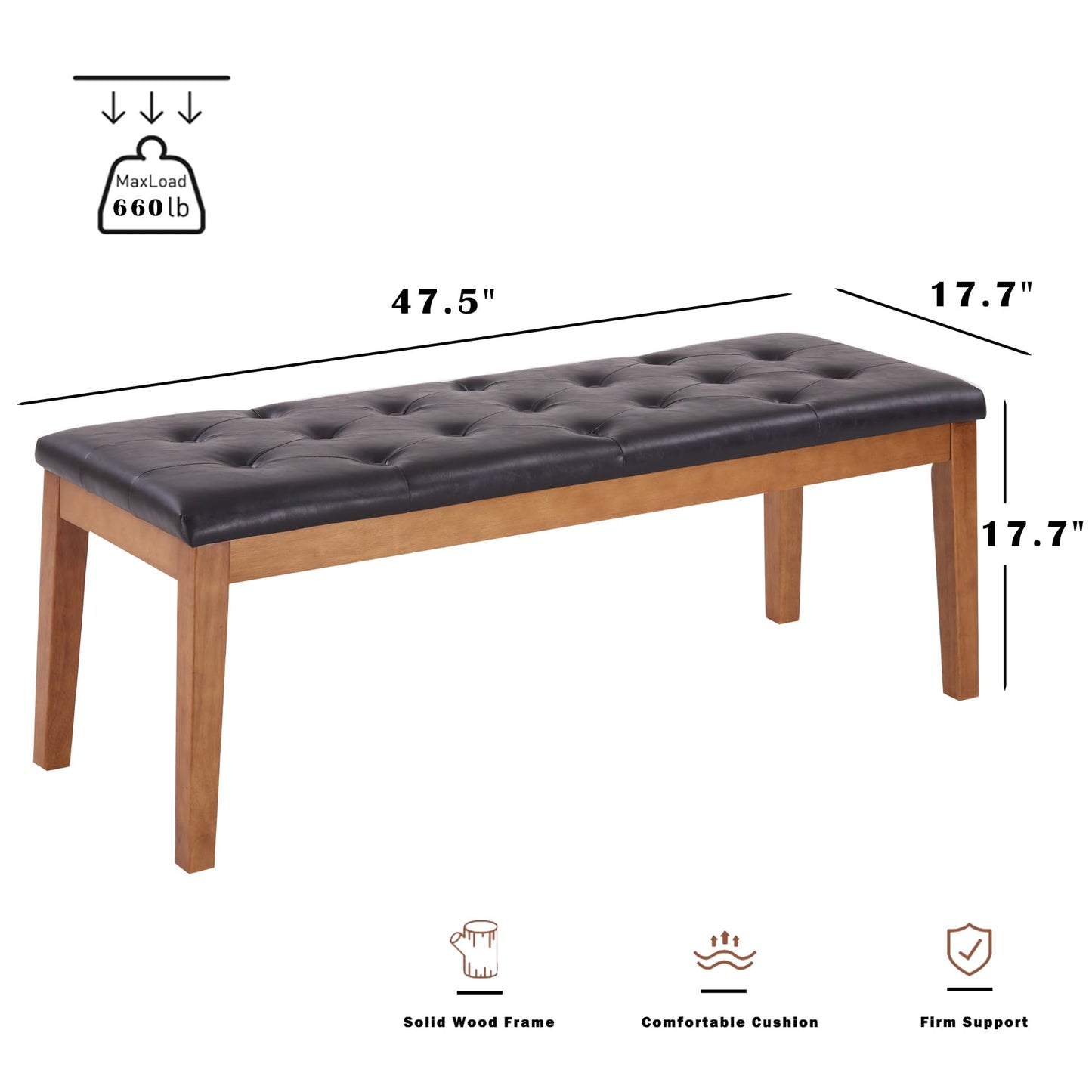 MILCIL Ottoman Bench Upholstered Padded Seat with Solid Wood Legs and Button-Tufted, Big Oversized Ottoman, Faux Leather Cognac Brown