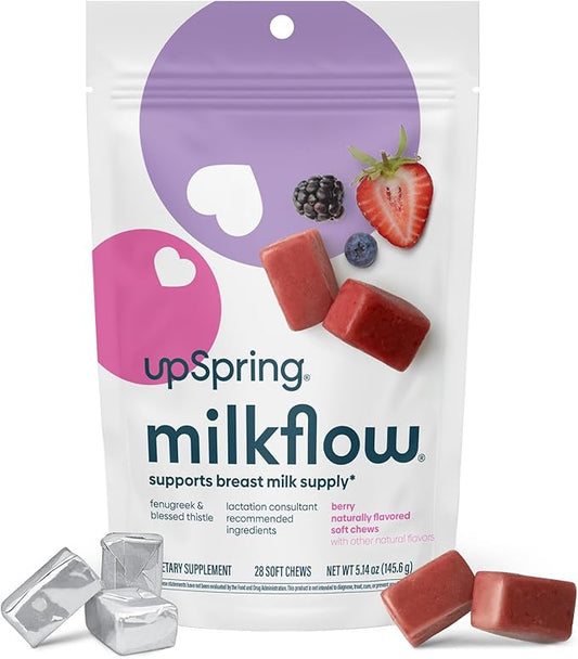 UpSpring Lactation Supplement for Breastfeeding, Lactation Snacks with Fenugreek and Blessed Thistle, Breastfeeding Essentials Support, Breast Milk Supply - Mixed Berry (28 Count)