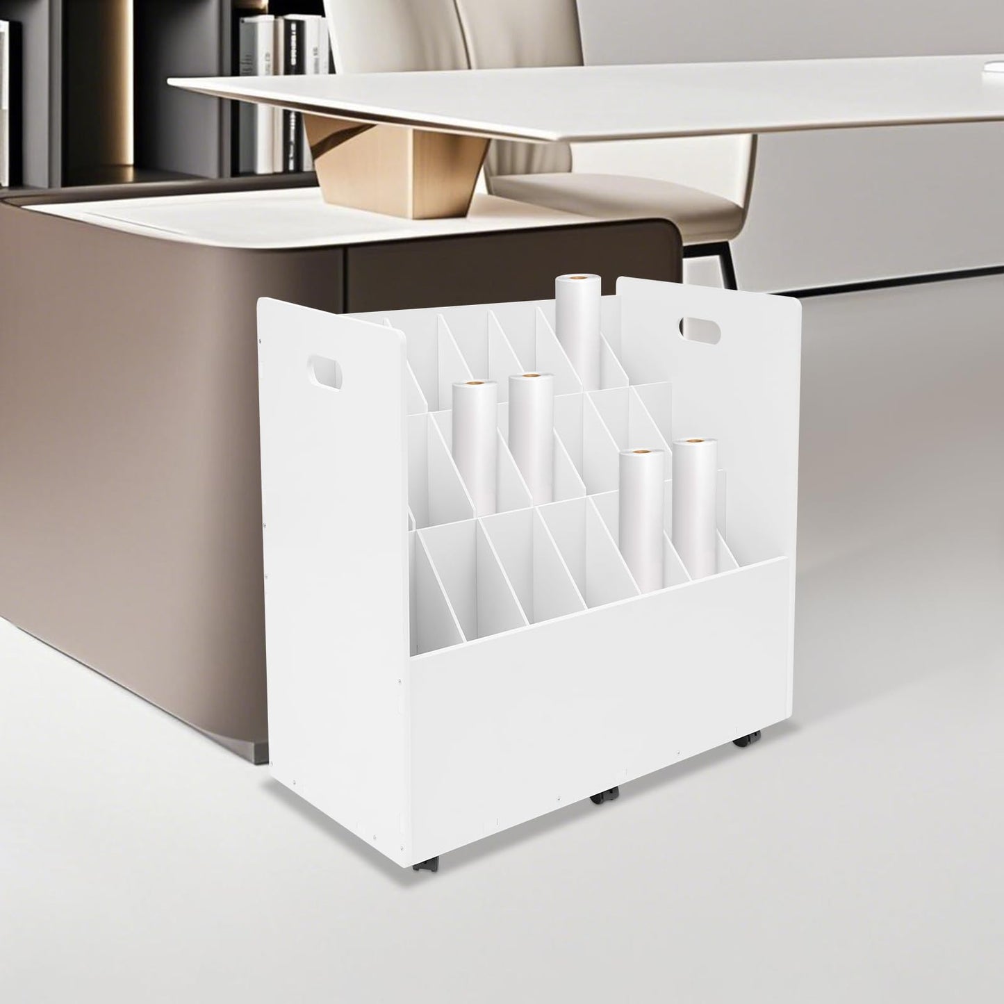 KJNHhugH Blue Print Storage Organizer, 21 Slots Mobile Roll File Cart Blueprint Cabinet with Wheels File Storage Rack Roll Document Holder for Office and Home (White)