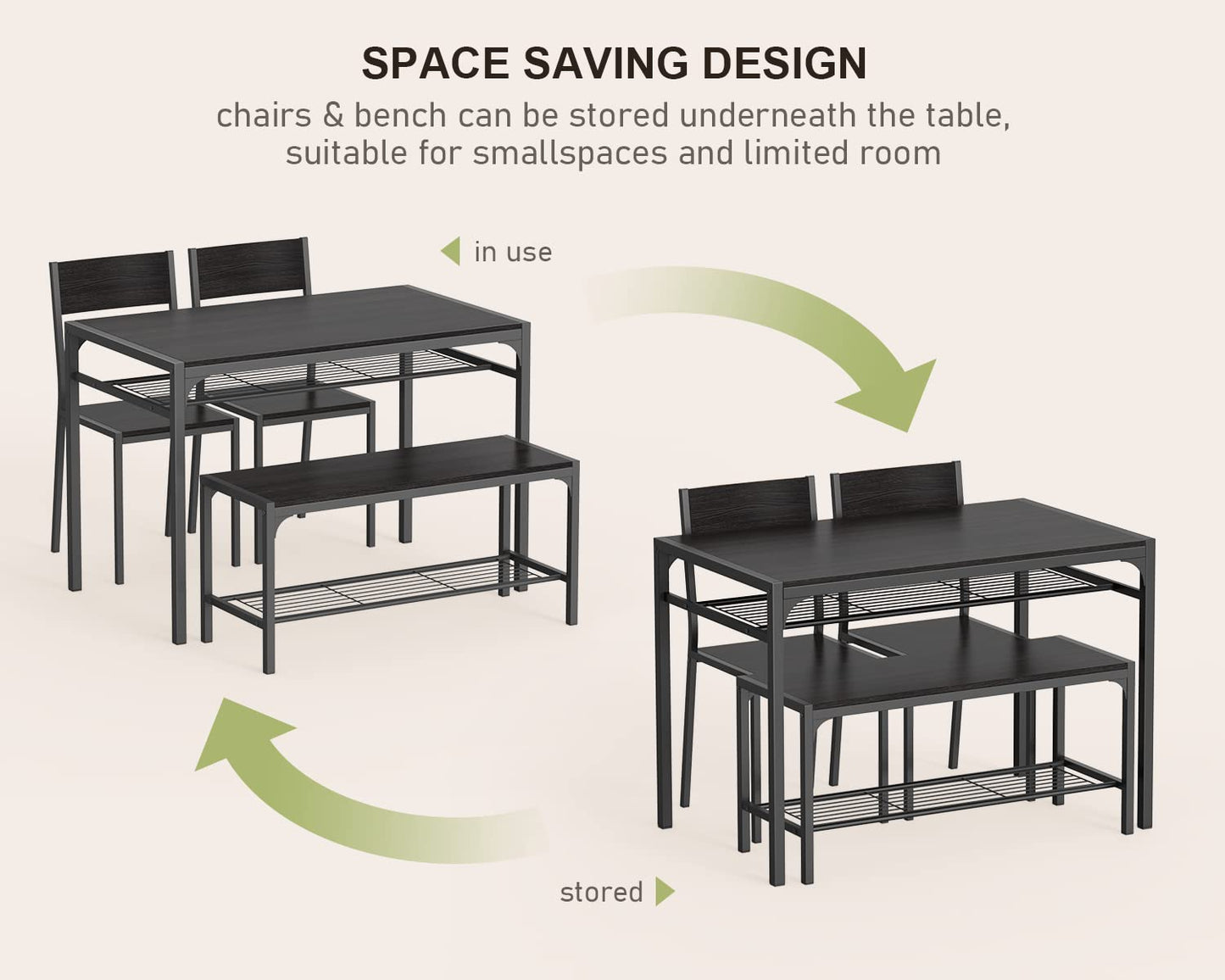 Gizoon Kitchen Table and 2 Chairs for 4 with Bench, 4 Piece Dining Table Set for Small Space, Apartment