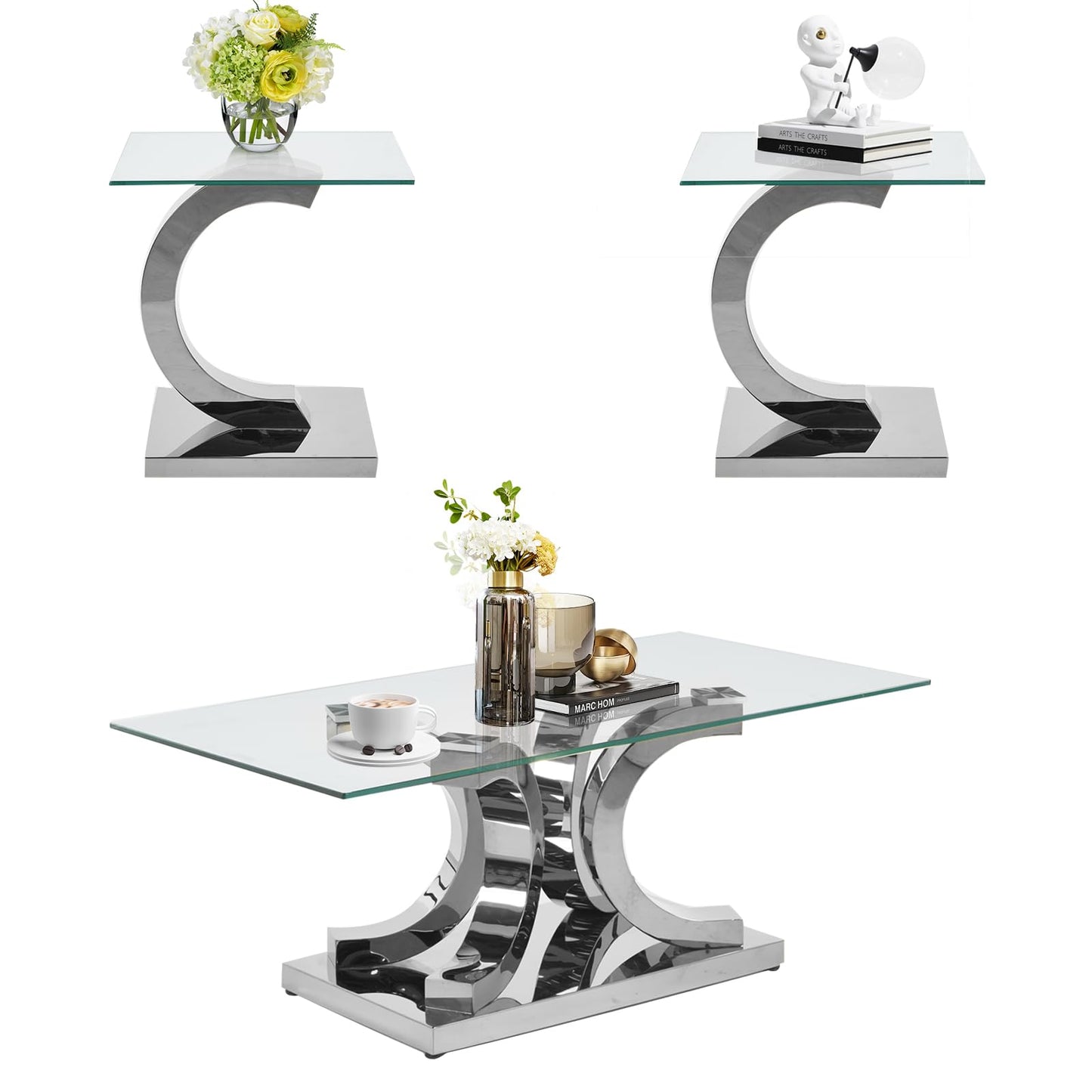 Modern Silver Glass Coffee Table Set of 3, Clear Glass Coffee Table and 2 End Side Table Set with Stainless Steel Frame, Luxury Silver 3 Piece Living Room Table Set for Home Office Apartment