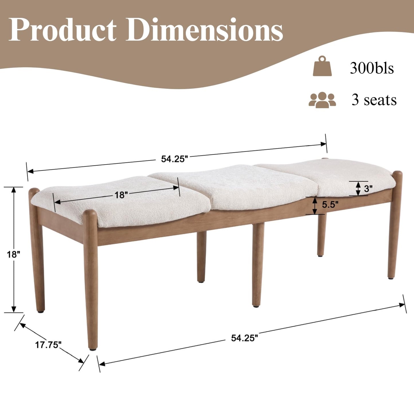DUOMAY 55'' Modern Ottoman Bench, Chenille Upholstered Entryway Bench Bedroom Bench with Wood Legs, End of Bed Bench for Bedroom, Living Room, Corners, Kitchen, Beige