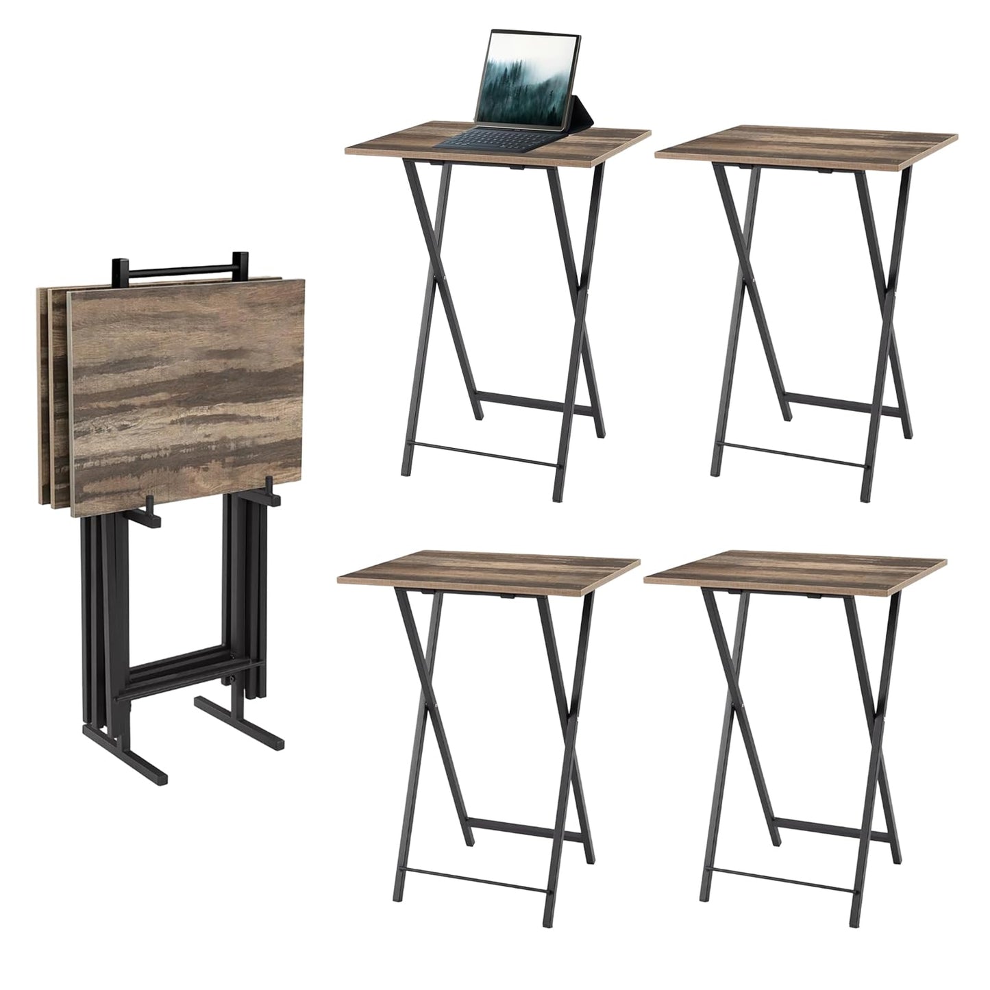 Folding TV Trays Set of 4 with Stand, TV Dinner Tables, Snack Tray Table Set, Portable Foldable Desk, Sofa Side Table, TV Tray Table for Couch, Living Room, Small Space. (Folding table/Brown)