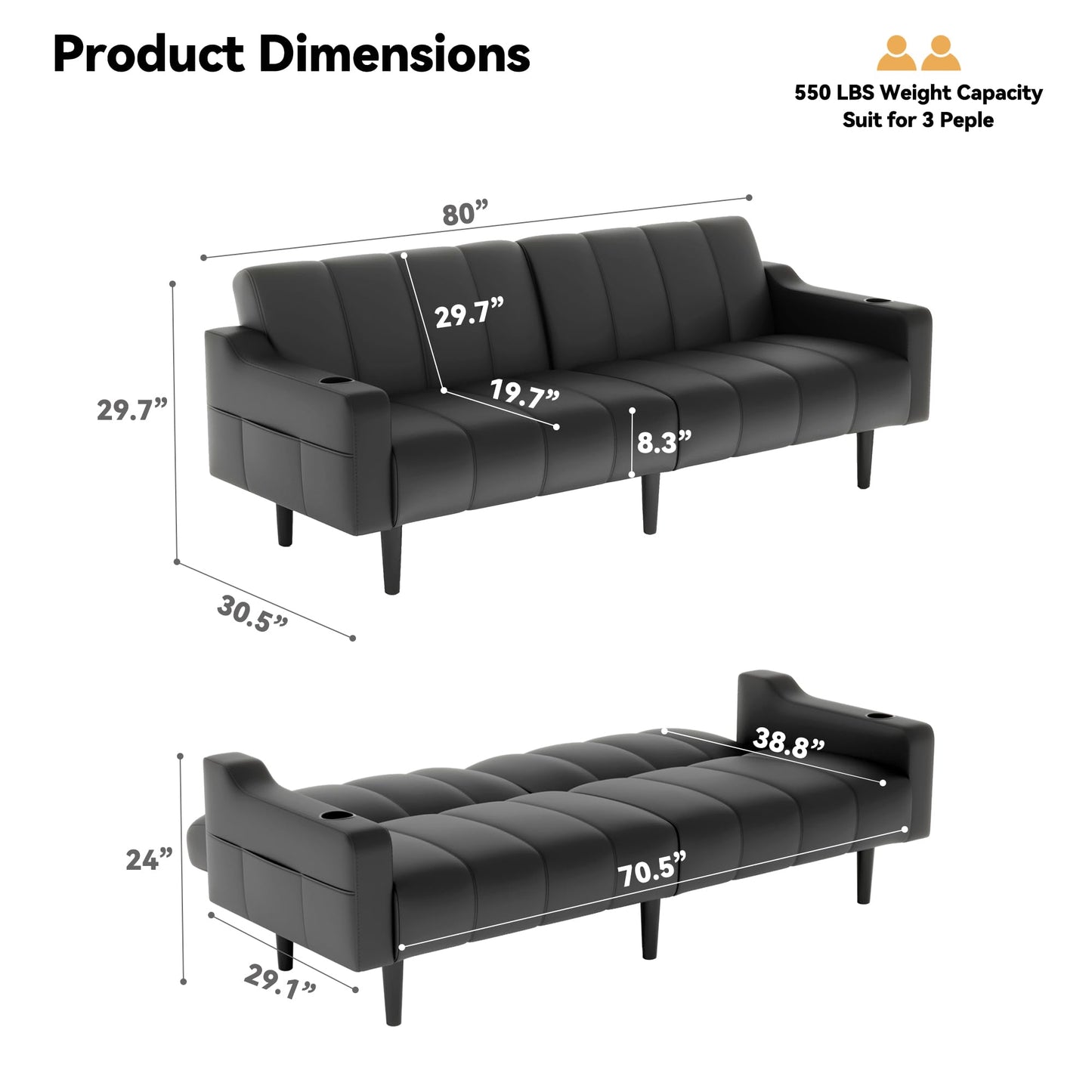 80'' Leather Couch, Futon Sofa Bed, Faux Leather Couch with Adjustable Backrest, 2 Cup Holders & Side Pockets, Mid Century Modern Sofa for Living Room, Bedroom, Black