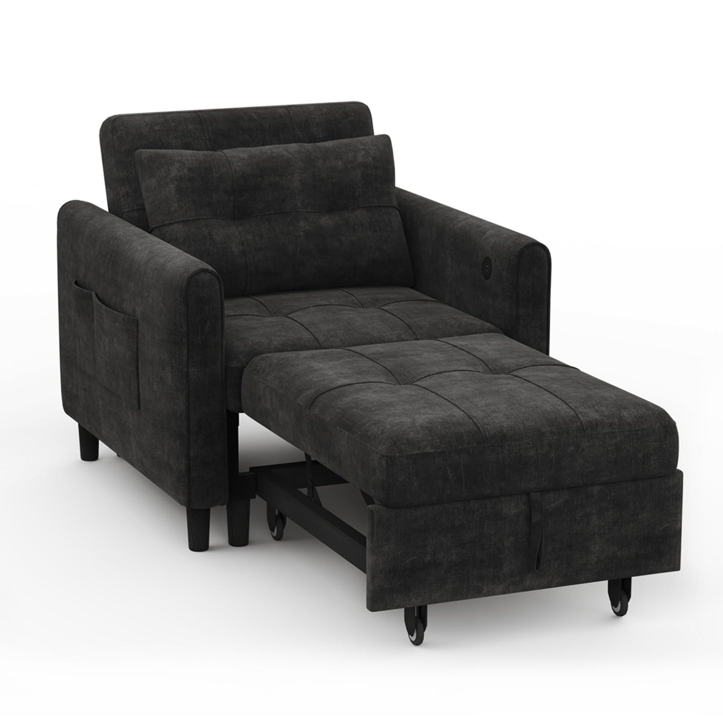 Casaottima Sleeper Chair with Pull Out Bed, Convertible 3-in-1 Lounge Chair with Adjustable Backrest, Chenille Sleeper Sofa for Living Room, Black