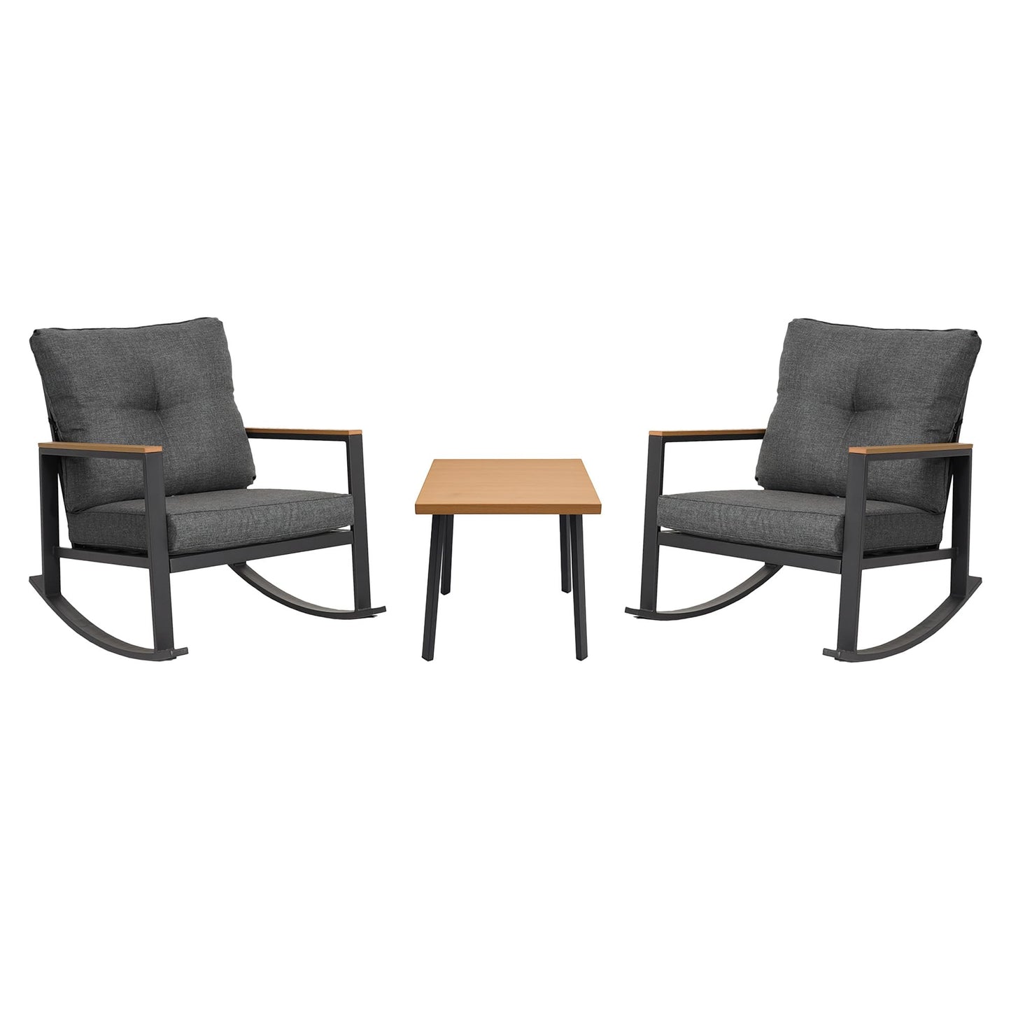 COMLAX FIELD 3 Pieces Rocking Bistro Set, Outdoor Patio Furniture Set with Thick Cushions and Coffee Table, Patio Conversation Sets for Garden, Balcony, Backyard, Grey