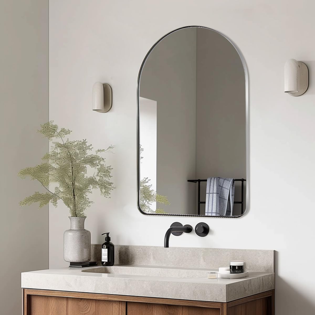 ANDY STAR Chrome Mirror, 22 x 35 Inch Arch Mirror in Stainless Steel Metal Frame, Chrome Arched Bathroom Mirror, Arch Top Rounded Corner 1 Inch Deep Set Design Wall Mount Hangs Vertical