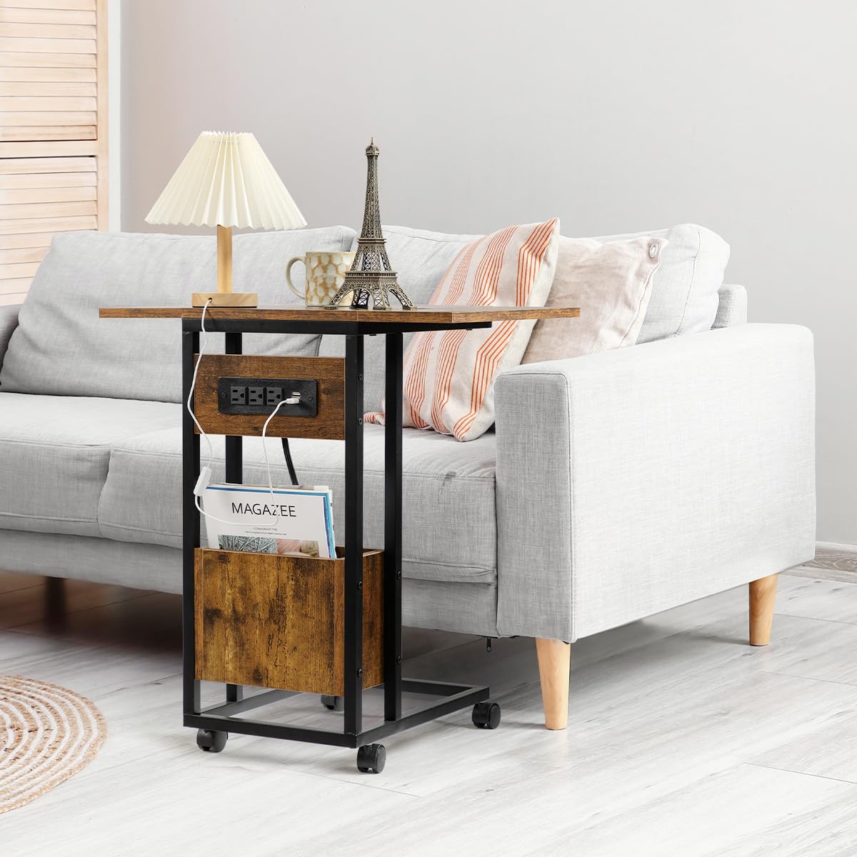 Hadulcet C Shaped End Table with Charging Station & Foldable Tabletop, Folding TV Tray Table with Storage, Rolling TV Trays, C Table for Sofa, Living Room Bedroom Small Spaces, Rustic Brown