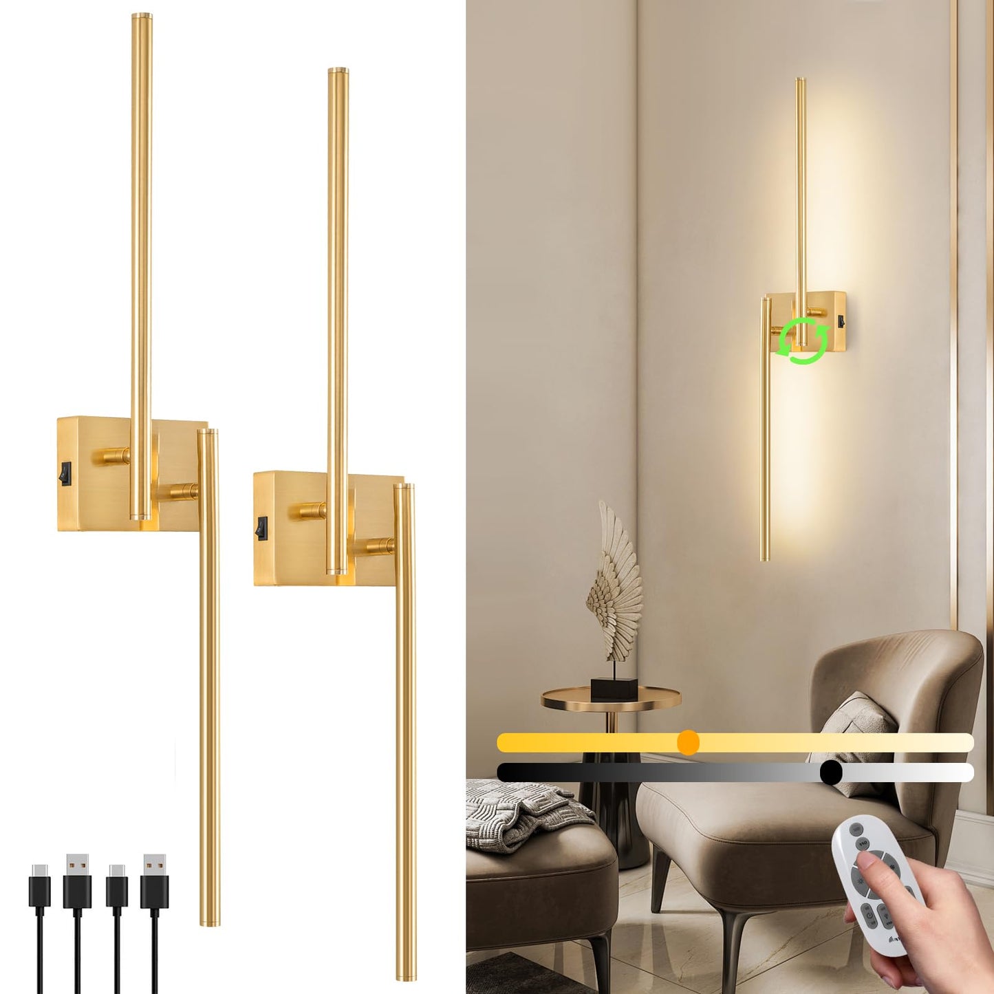 Zlierop Rotate Wall Sconces Battery Operated, 8000mAh Charge Battery Wall Sconces Set of Two, Wireless Wall Sconce with Memory Remote, Dimmable Wall Lights, Gold sconces Wall Decor Set of 2