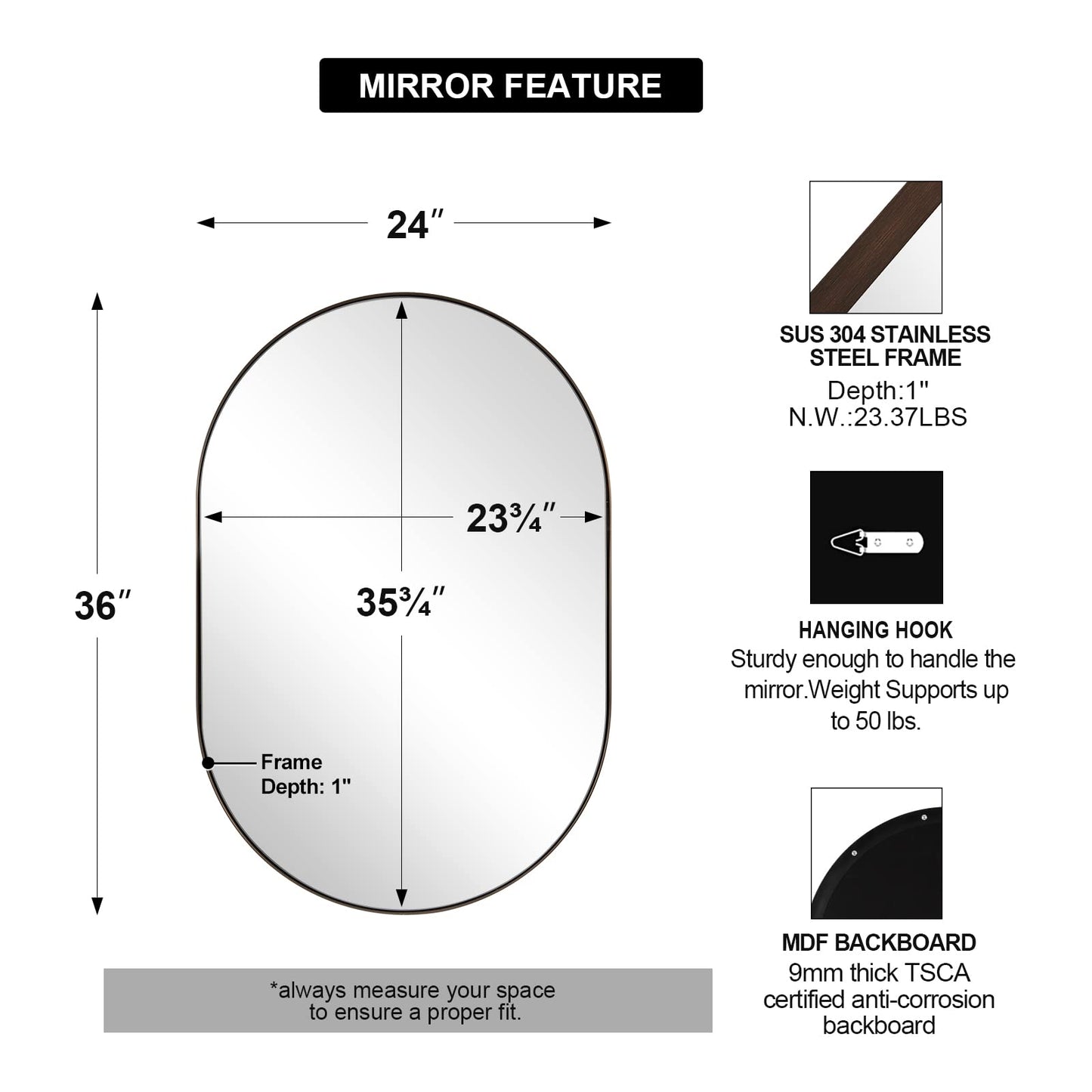 ANDY STAR Bronze Bathroom Mirror, 24x36 Brushed Bronze Oval Mirror, Oval Wall Mirror, Oval Vanity Mirror Metal Frame Deep 1’’ for Bathroom, Bedroom, Living Room, Entryway, Hang Vertical or Horizontal