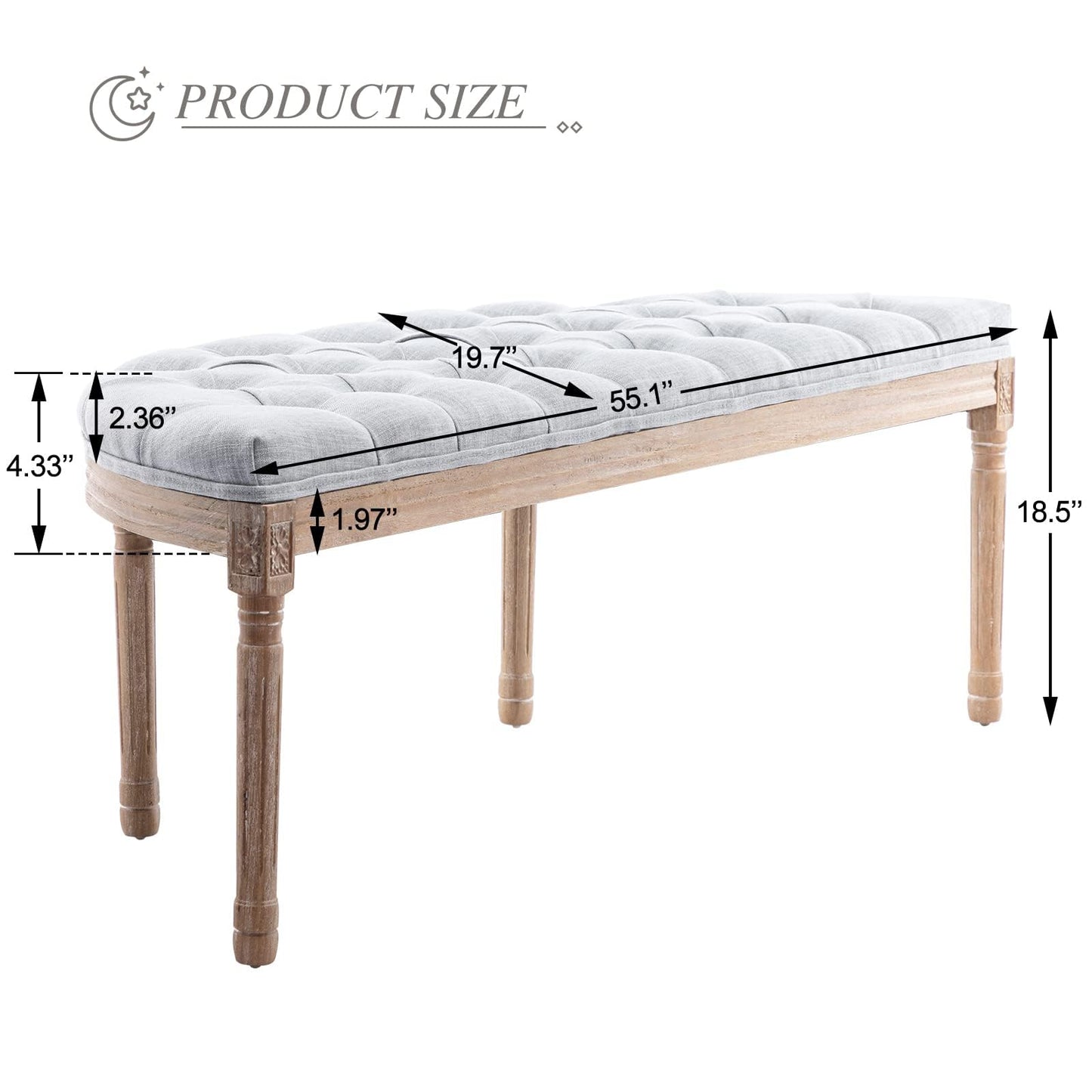 LZAREAL 55" End of Bed Bench Vintage Half Moon Upholstered Fabric Semi-Circle Entryway Bench with Padded Seat & Rubberwood Legs, Tufted Dining Bench for Dining Room Bedroom Living Room Hallway, Grey