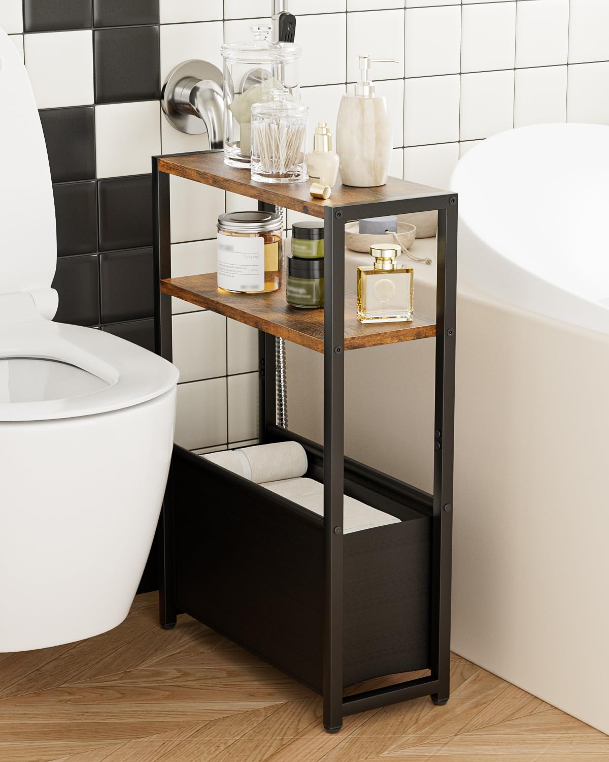 Apetaccat Narrow Side Table End Table, 3-Tier Side Table with Storage Bag, Narrow Nightstand for Small Spaces, Bedside Table for Living Room, Bedroom, Rustic Brown