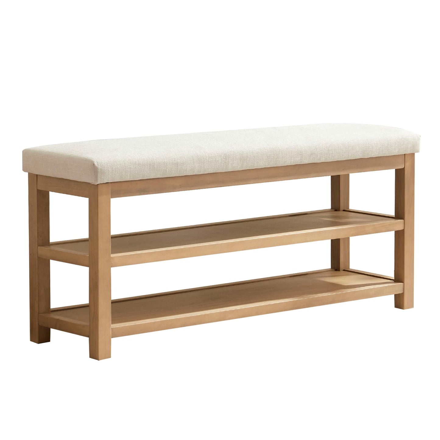 Zihanhome 2 Tier Shoe Rack Bench with Cushion, Solid Wood Shoe Benches, Mid-Century Modern Shoe Storage Bench for Entryway, Hallway, Living Room, Closet, Front Door Entrance, (Beige, 39.4")