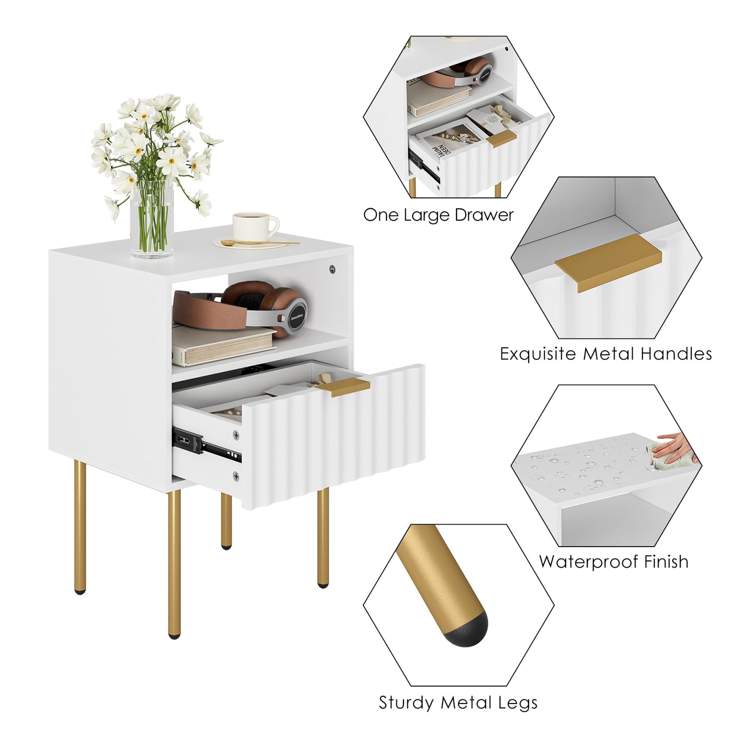 Aienvey Nightstand,Modern Bedside Table with Gold Frame,White Night Stand,Bedside Furniture, Modern Side Table with Drawer and Shelf for Bedroom,Living Room (White)