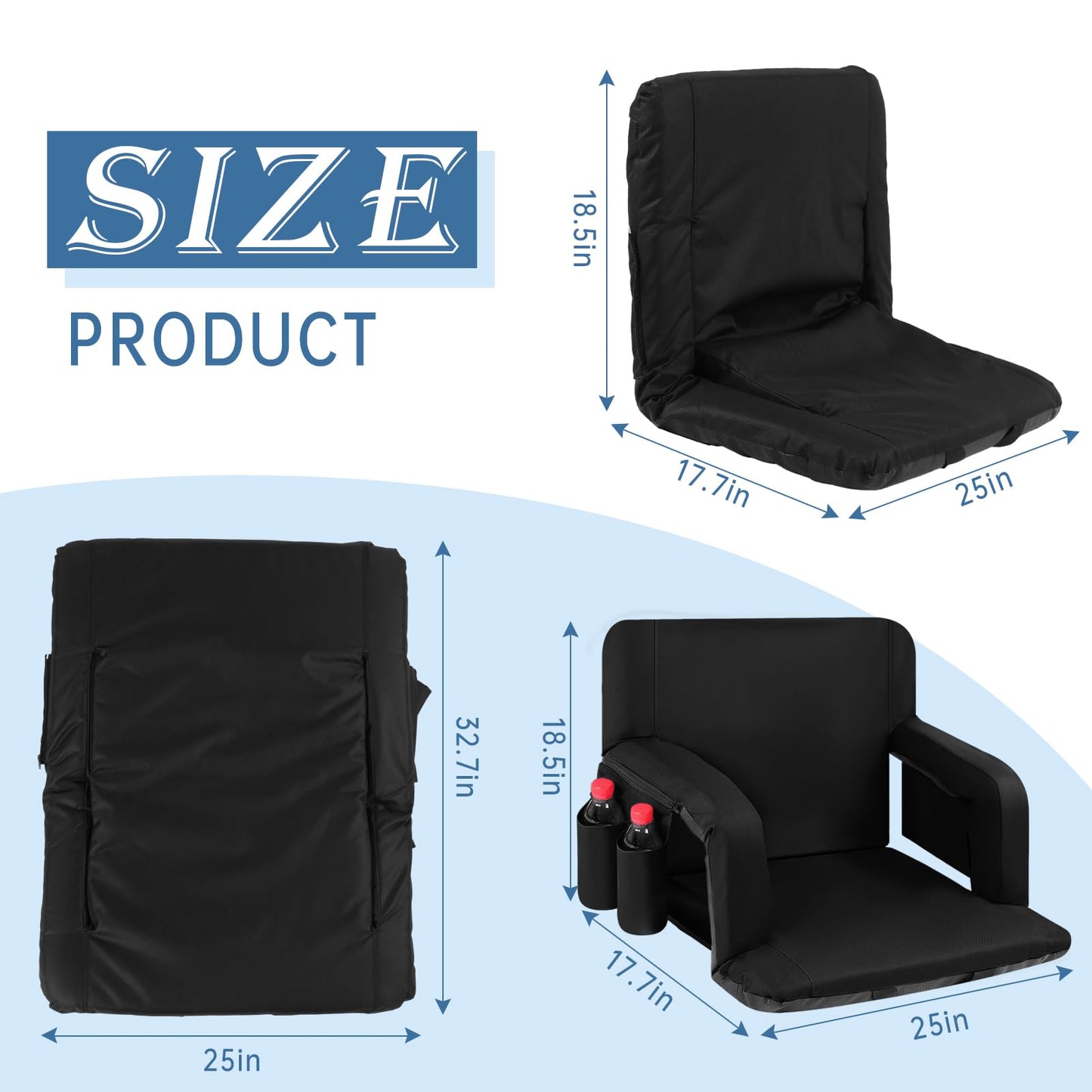 LING RONG 25 Inch Wide Stadium Seats 2 Pack, Bleacher Chairs with Back and Cushion, Reclining Bleacher Seat with Backrest, Stadium Chair Bleacher Cushion (Black)