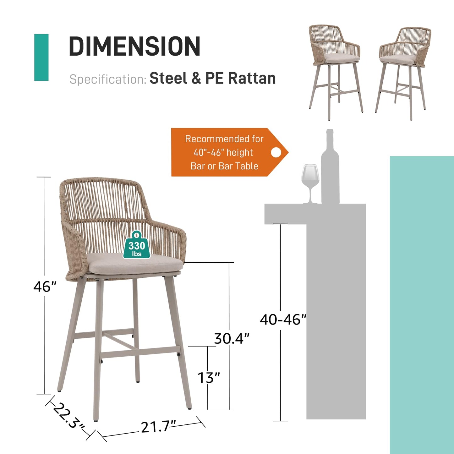 Patiorama Outdoor Bar Stools Set of 2, 46"" Counter Height Bar Stools Chair w/Woven Rope Back and Arm, Patio Metal Modern Wicker Bar Chairs, Rattan Bar Stool for Kitchen Island, Pool, Indoor,Beige