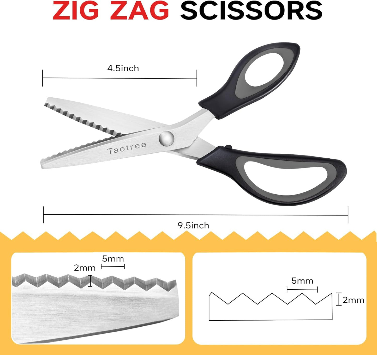 Sewing Scissors for Fabric Cutting, Taotree 9.5" Fabric Scissors Pinking Shears, Zig Zag Craft Decorative Edge, Sewing Supplies Notions and Accessories for Art Craft Scrapbooking Supplies, Black Grey