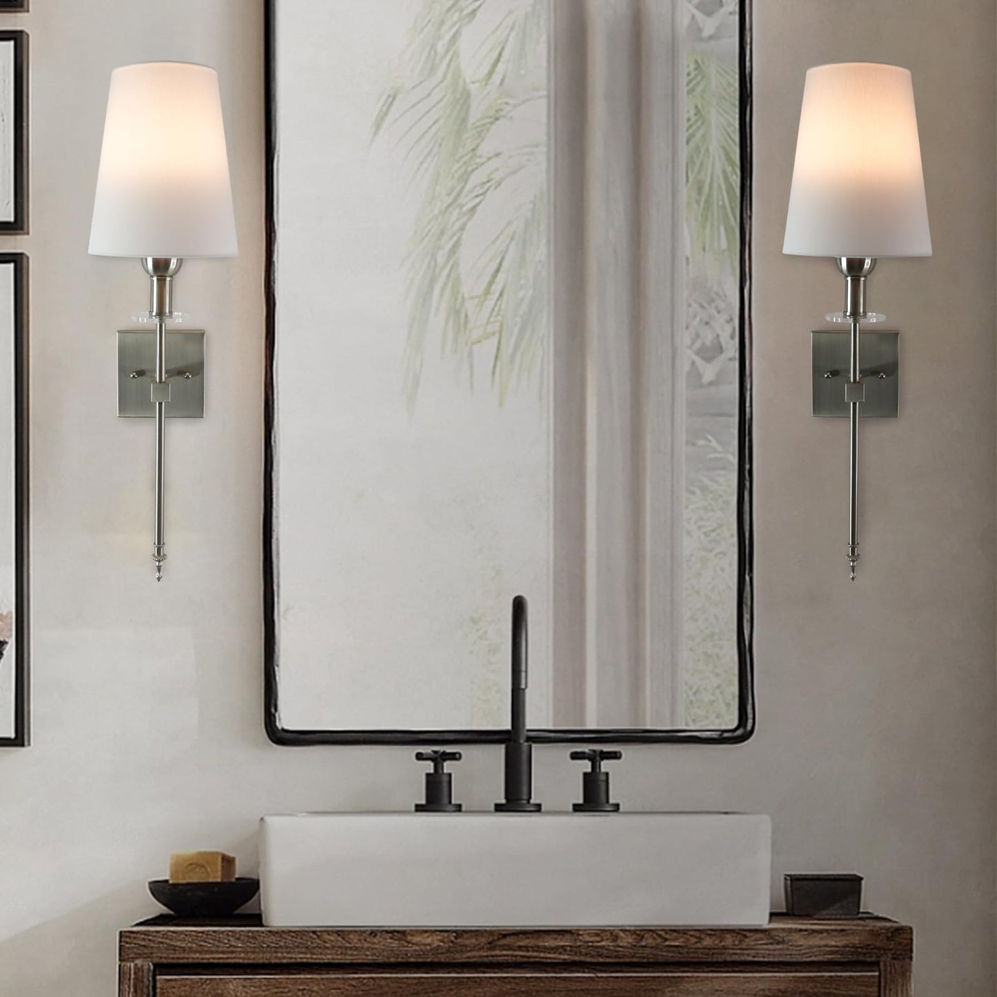 TOOTOO STAR Battery Operated Wall lamp, no hardwiring White Shade Wall lamp Set of 2 with Remote Control dimmable Bulb, Easy to Install, Suitable for Bedroom, Vanity, Bathroom, Living Room