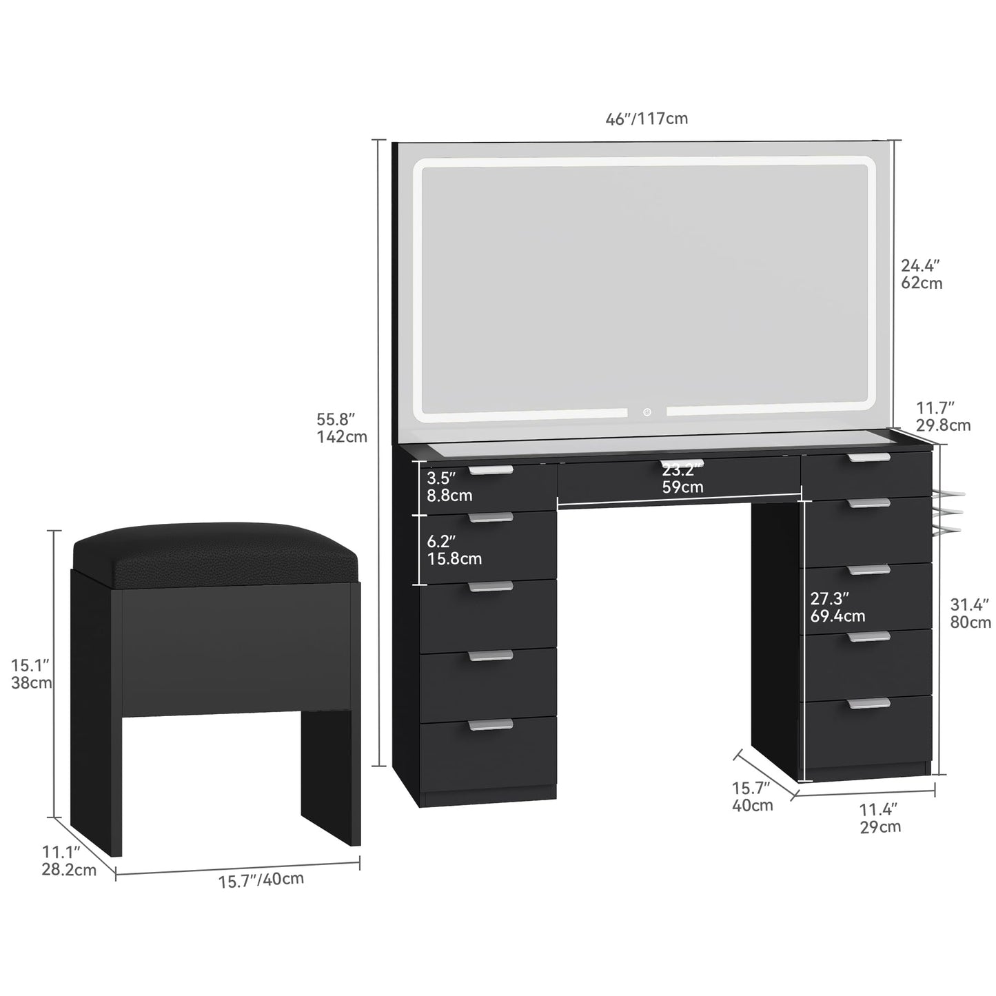 DWVO Makeup Vanity Desk for Dressing Room, Vanity Mirror with Lights & Charging Station, Dressing Table, Vanity Stool