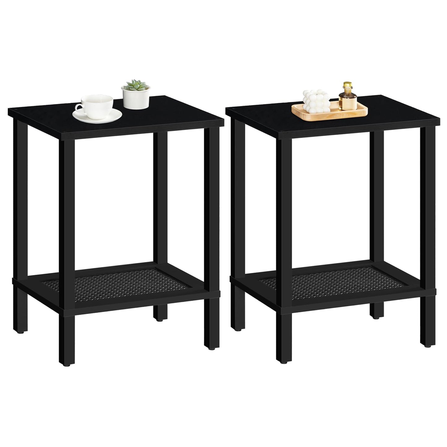 HOOBRO End Tables Set of 2, Small Side Tables with 2-Tier Storage Shelves, Nightstands with Faux Rattan Decoration, for Small Space, Living Room, Bedroom, Black BK91BZP201