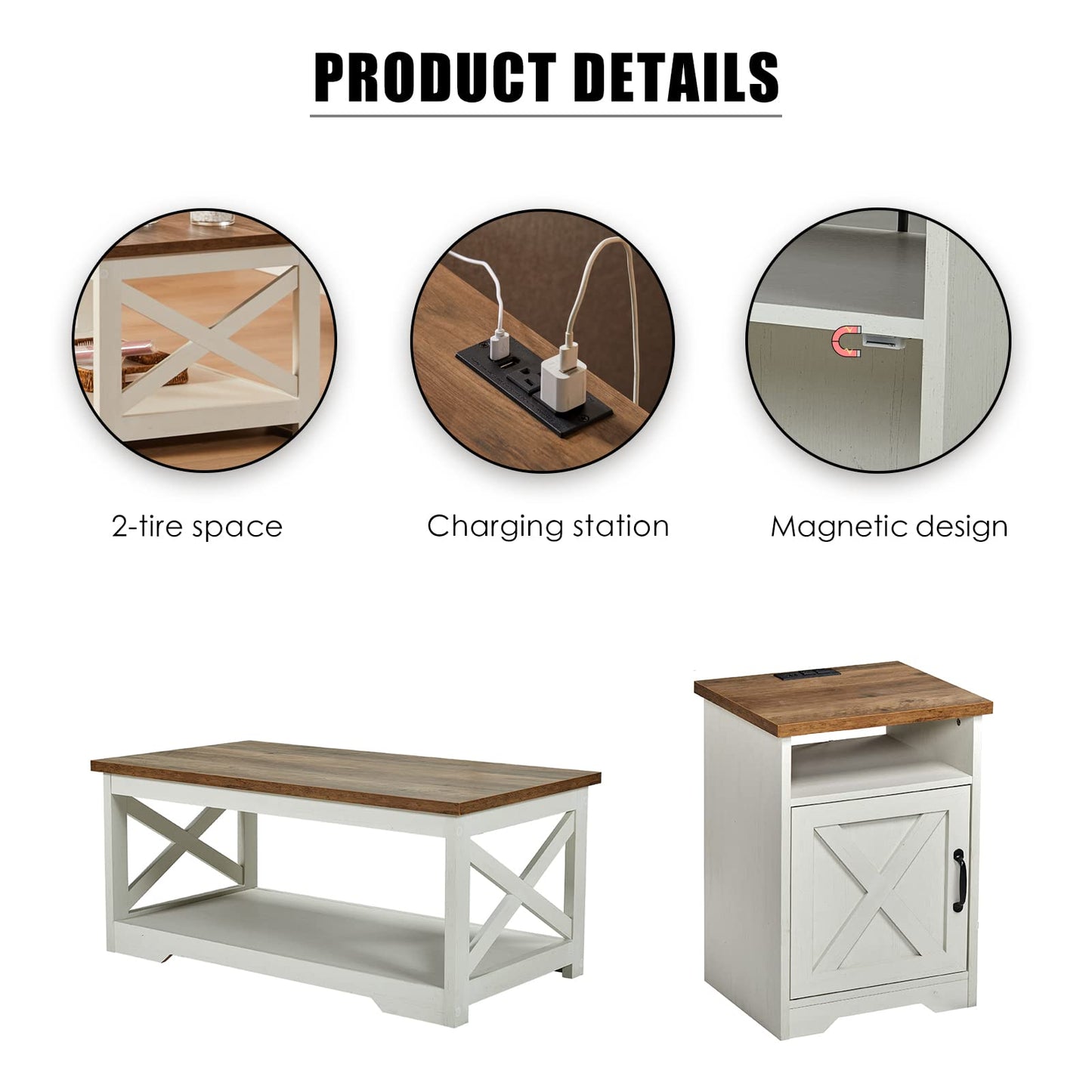AMERLIFE 5-Piece Farmhouse Table Set Includes Fireplace TV Stand, Coffee Table& Two End Tables with Charging Station and USB Ports, for Living Room, Distressed White, 63"