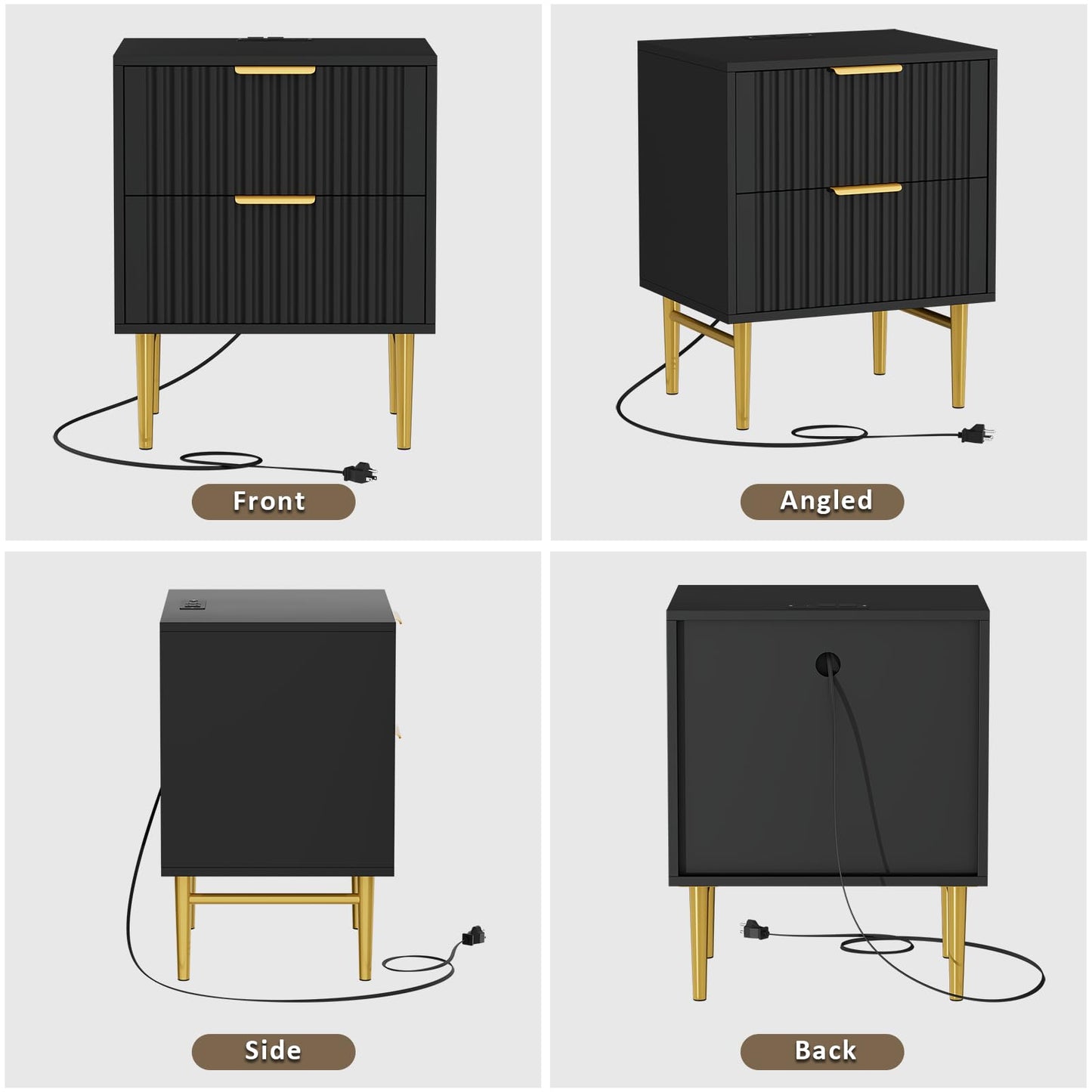 Nightstand with Charging Station, Side Table with 2 Drawers, Fluted End Table with Gold Metal Legs & Handle, Bedside Table with Wide Tabletop, Night Stand with Fluted Panel for Bedroom (2, Black)