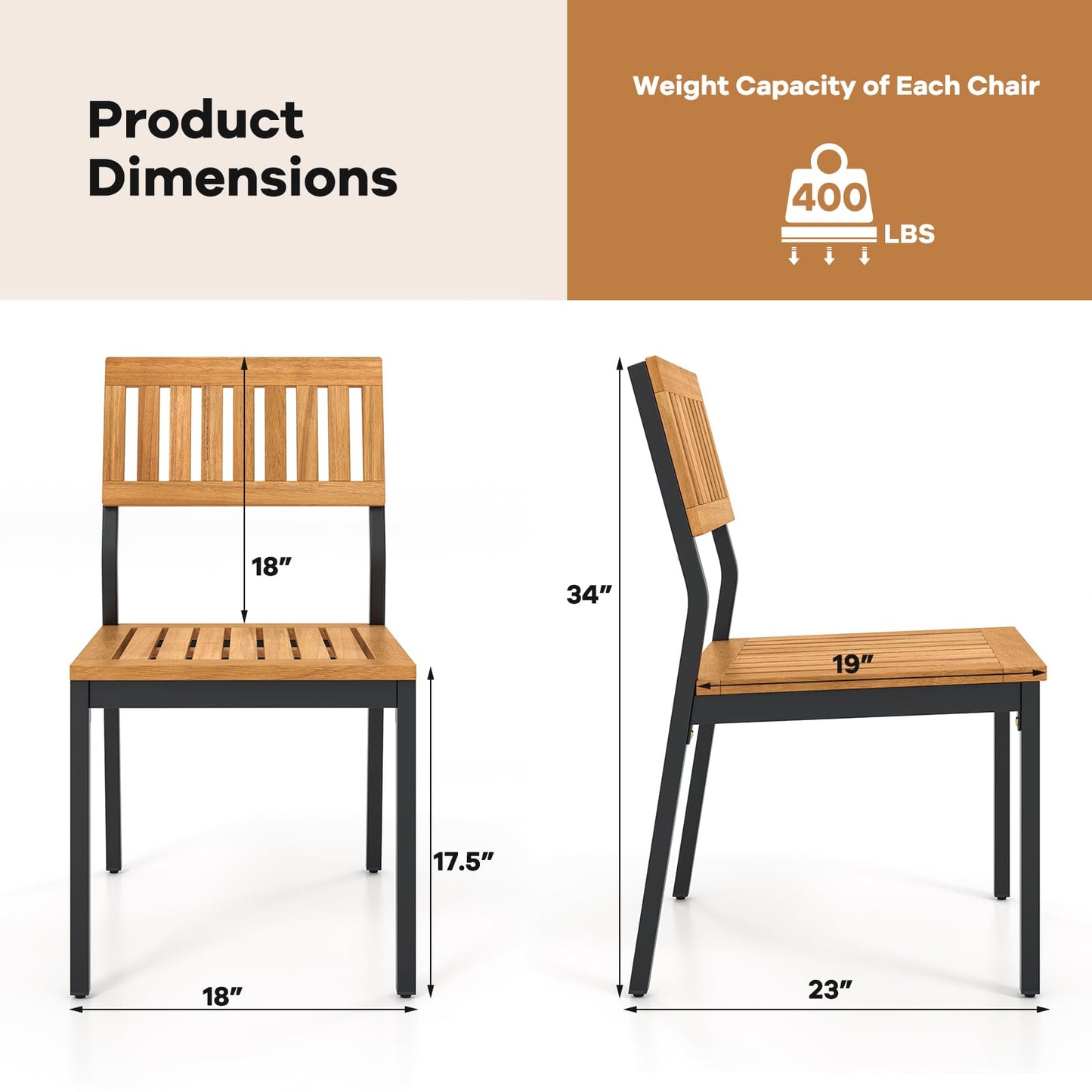Tangkula Patio Dining Chair Set of 2, Outdoor Armless Chairs w/Metal and Acacia Wood Frame, All-Weather Bistro Chairs, for Indoor Lawn Backyard Patio Garden Deck Balcony